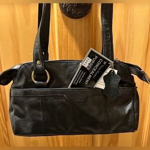 NWT Roma Leather Locking Concealment Purse Black Dual Handle Med Sz Multi Pocket